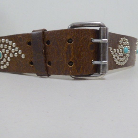 Streets Ahead leather belt brown studded turquoise paisley silver buckle L USA main image 7